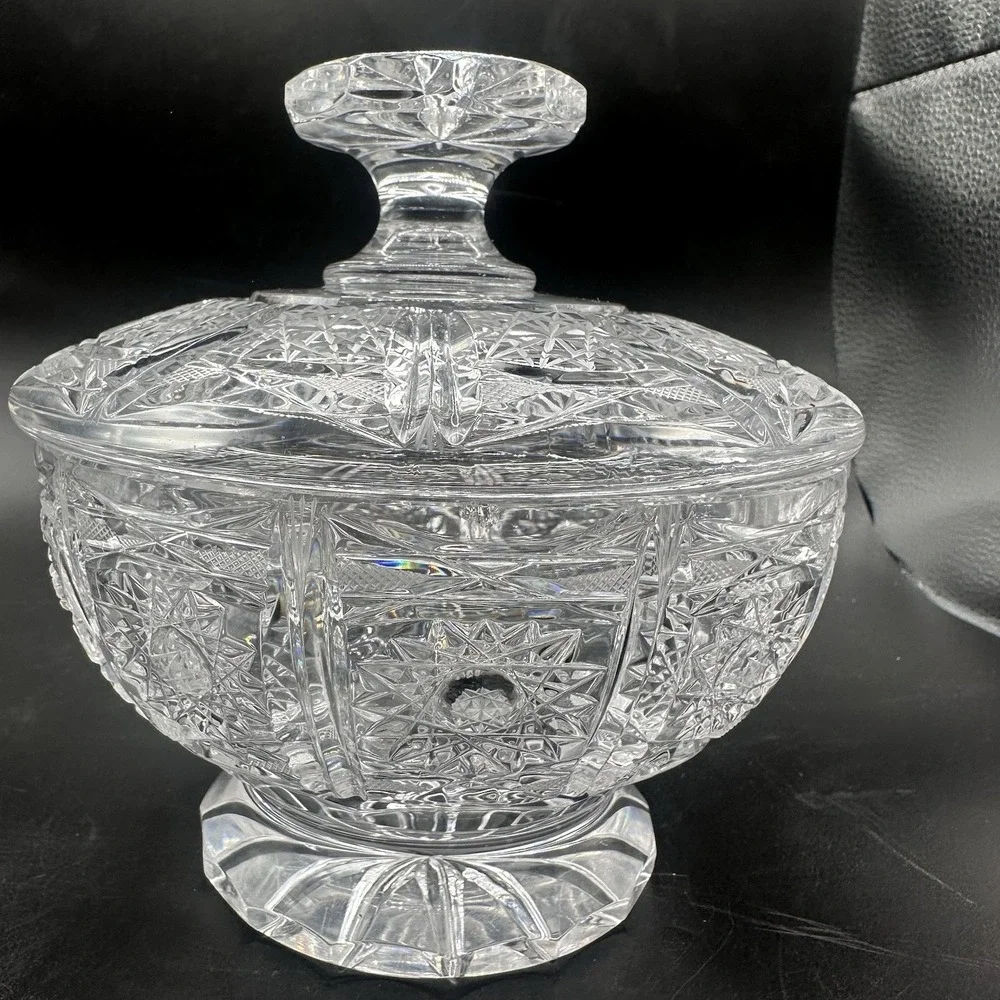 American Brilliant Cut Glass Candy‎ Dish With Lid Regency Sparkling